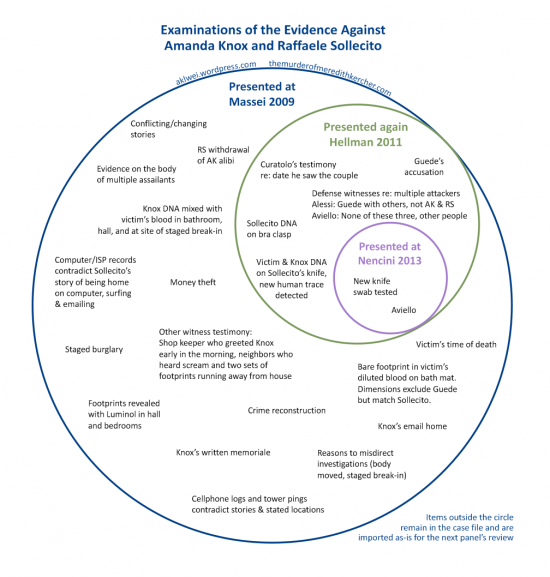 "Public examinations of the evidence against Amanda Knox and Raffaele Sollecito heard at each level"